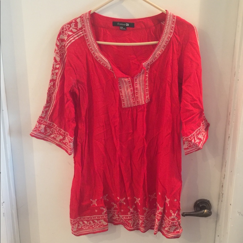 ☃️❄️ Red Forever 21 Embroidered Tunic Top